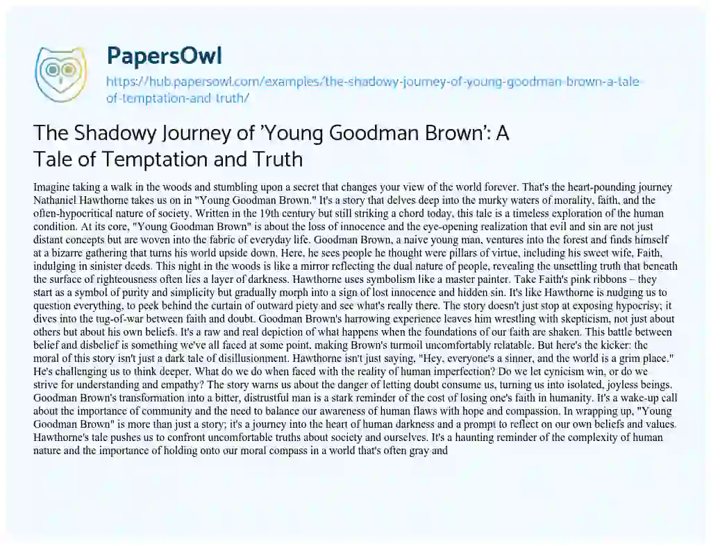 Essay on The Shadowy Journey of ‘Young Goodman Brown’: A Tale of Temptation and Truth