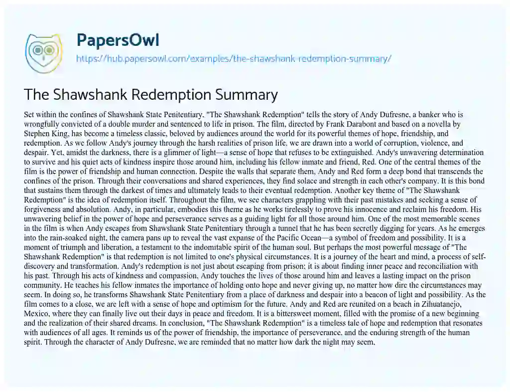 Essay on The Shawshank Redemption Summary
