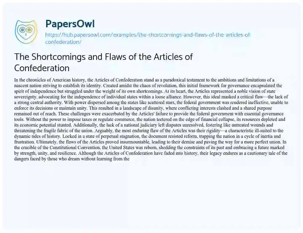 Essay on The Shortcomings and Flaws of the Articles of Confederation