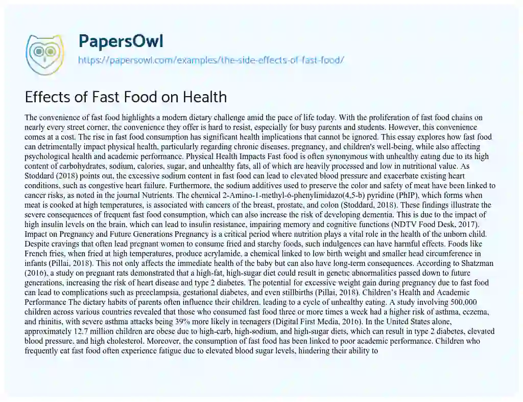 Essay on Effects of Fast Food on Health