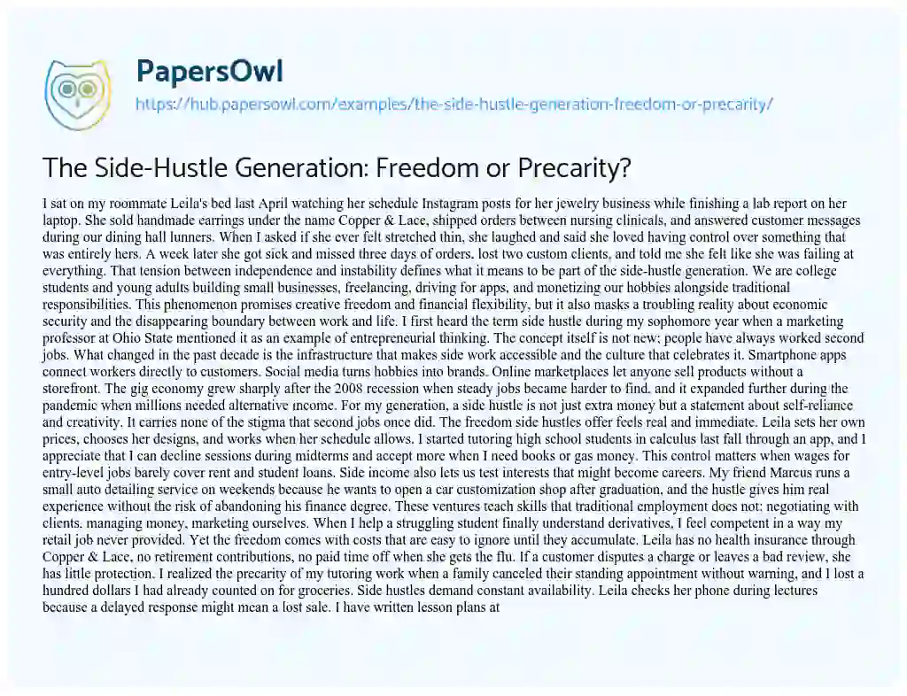 Essay on The Side-Hustle Generation: Freedom or Precarity?