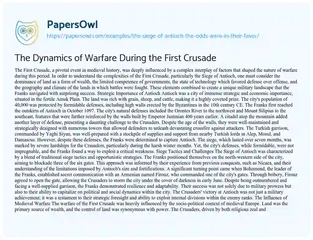 Essay on The Dynamics of Warfare During the First Crusade