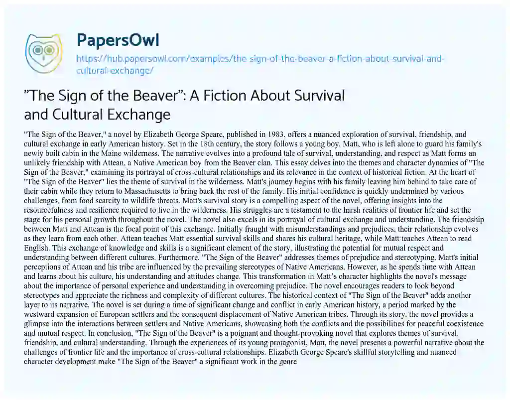 Essay on “The Sign of the Beaver”: A Fiction About Survival and Cultural Exchange