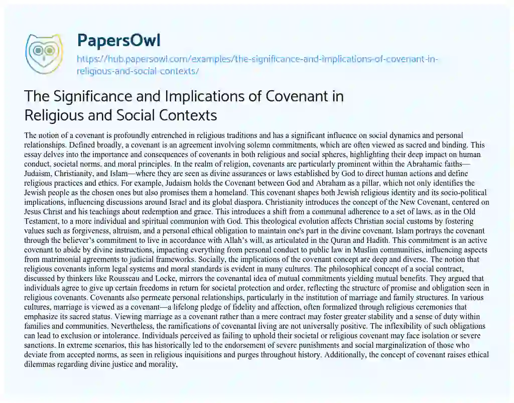 Essay on The Significance and Implications of Covenant in Religious and Social Contexts