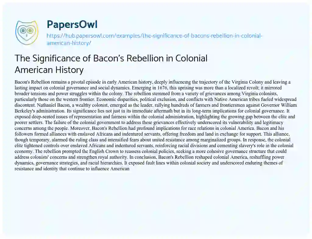 Essay on The Significance of Bacon’s Rebellion in Colonial American History