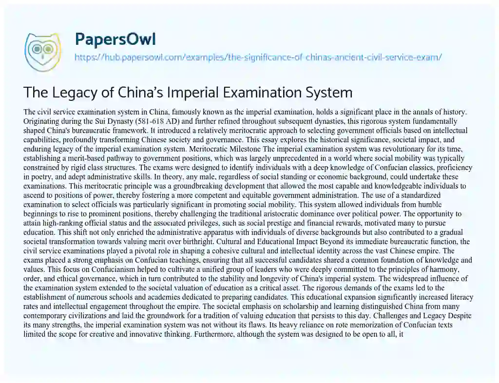 Essay on The Legacy of China’s Imperial Examination System