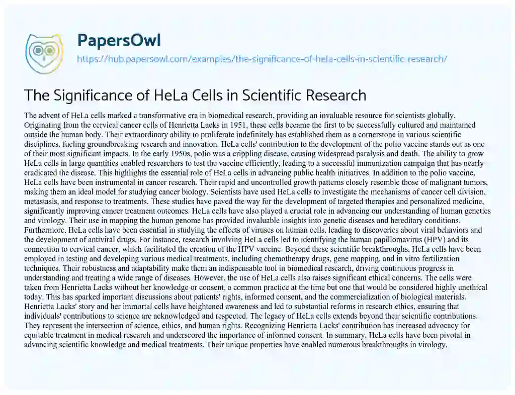 Essay on The Significance of HeLa Cells in Scientific Research