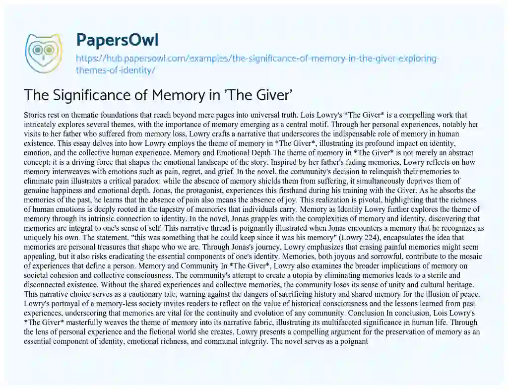 Essay on The Significance of Memory in ‘The Giver’
