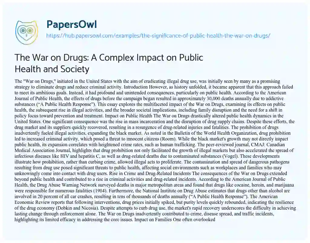 Essay on The War on Drugs: A Complex Impact on Public Health and Society