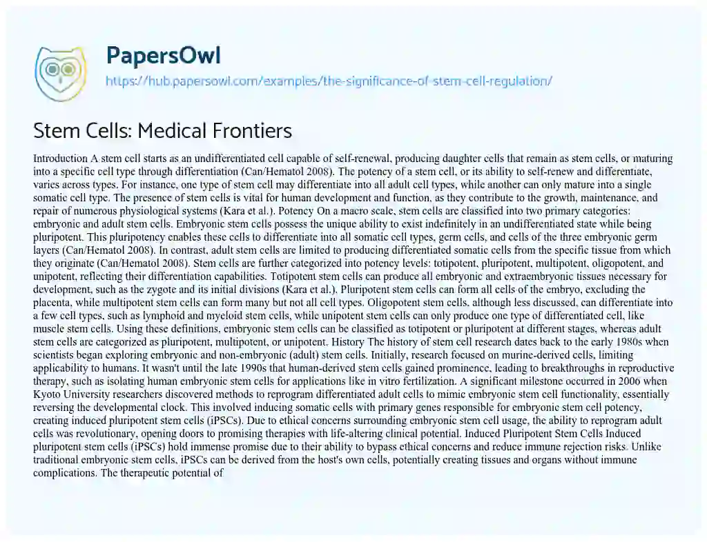 Essay on Stem Cells: Medical Frontiers