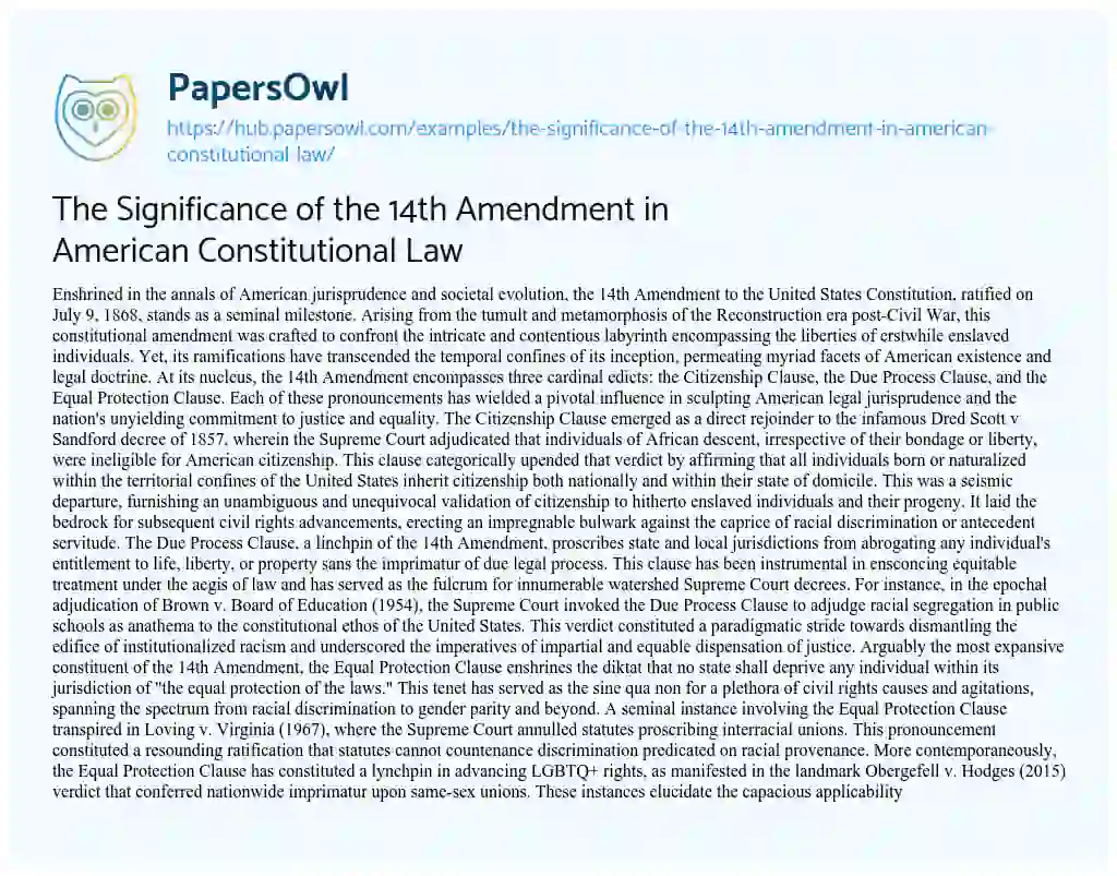 Essay on The Significance of the 14th Amendment in American Constitutional Law