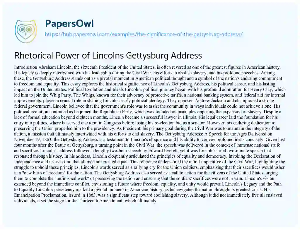 Essay on Rhetorical Power of Lincolns Gettysburg Address