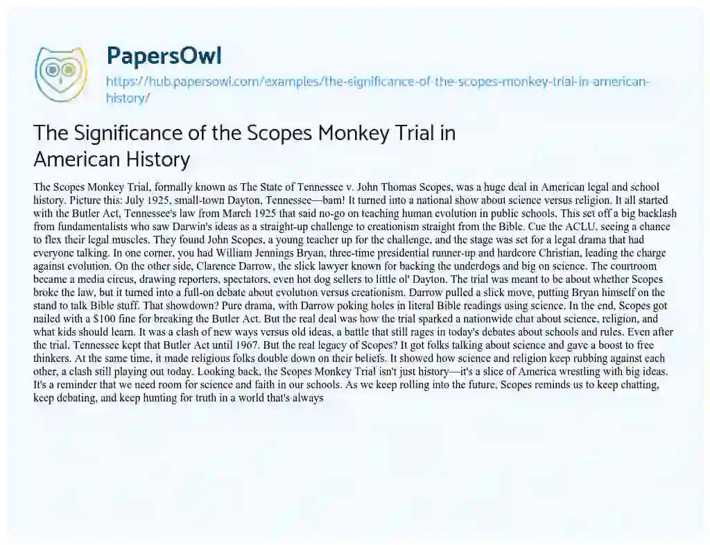 Essay on The Significance of the Scopes Monkey Trial in American History