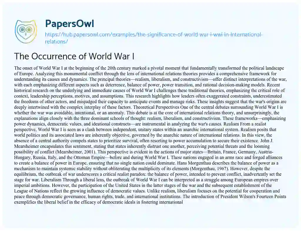 Essay on The Occurrence of World War I