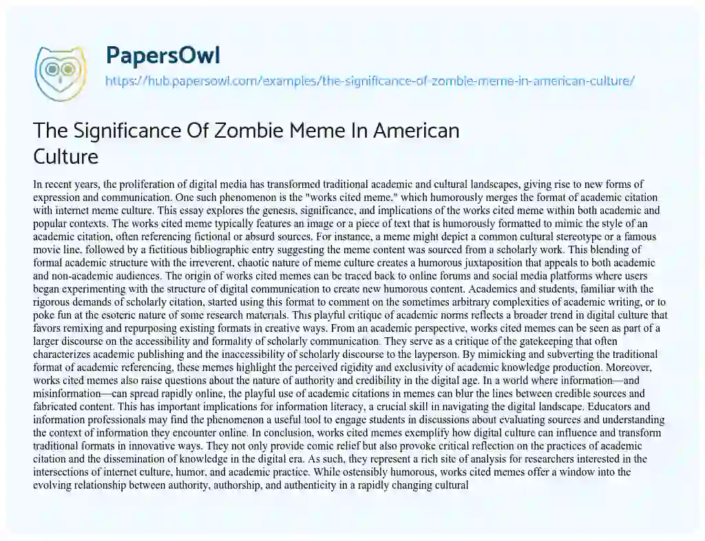 Essay on The Significance Of Zombie Meme In American Culture