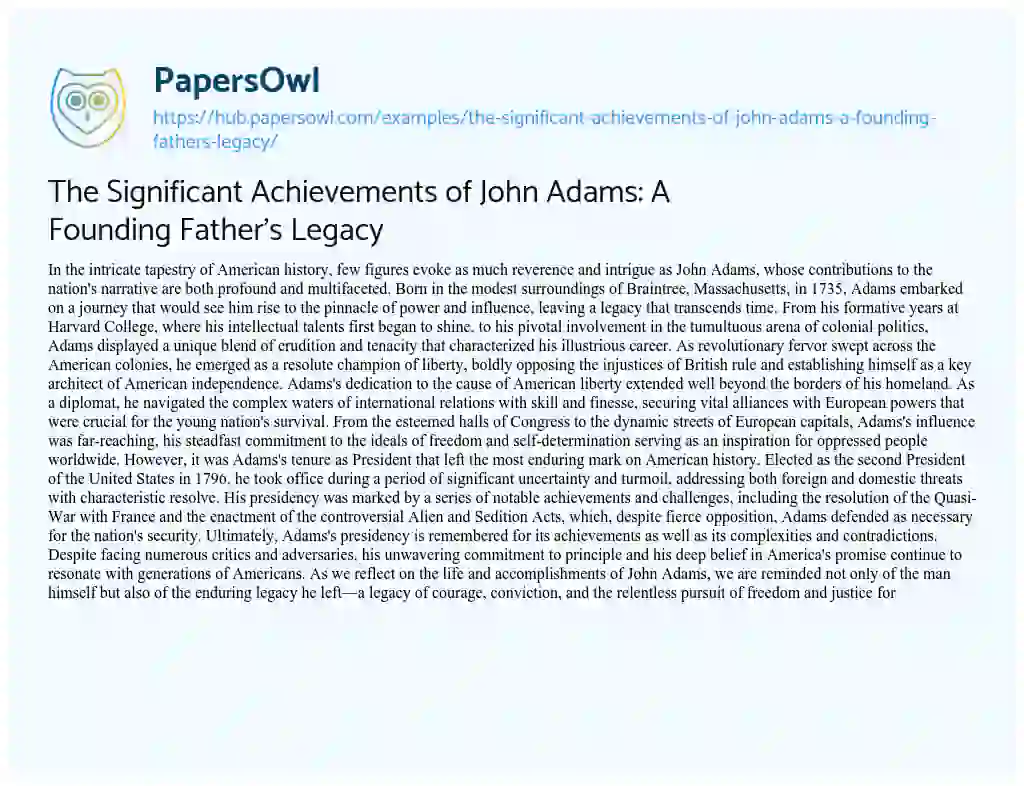 Essay on The Significant Achievements of John Adams: A Founding Father’s Legacy