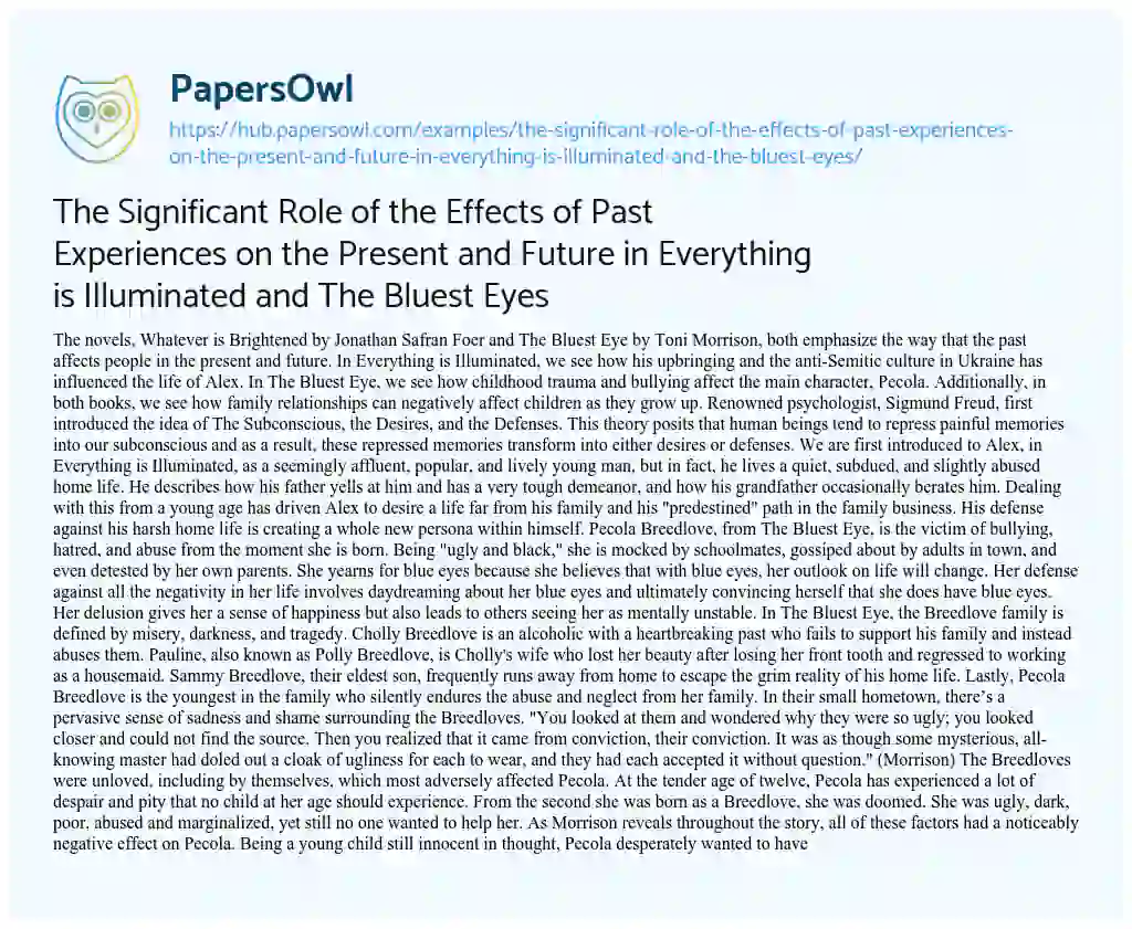 Essay on The Significant Role of the Effects of Past Experiences on the Present and Future in Everything is Illuminated and The Bluest Eyes