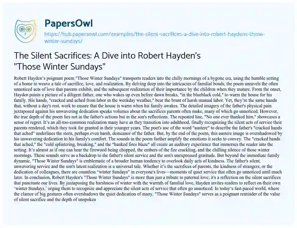 Essay on The Silent Sacrifices: A Dive into Robert Hayden’s “Those Winter Sundays”