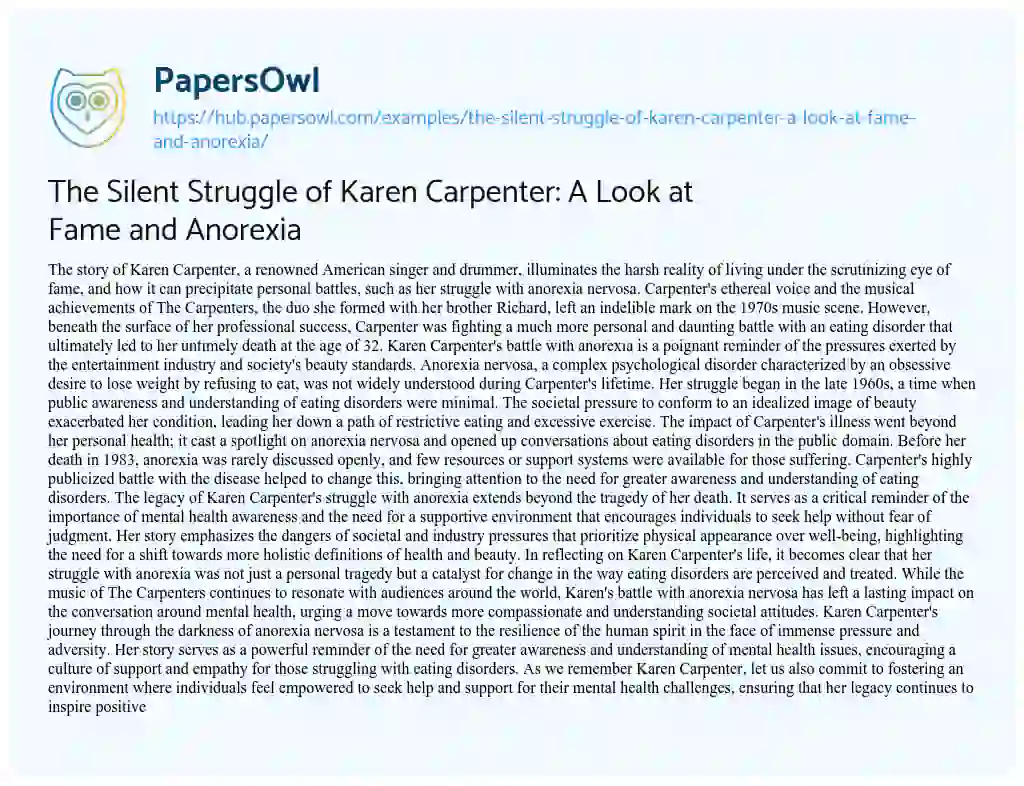 Essay on The Silent Struggle of Karen Carpenter: A Look at Fame and Anorexia