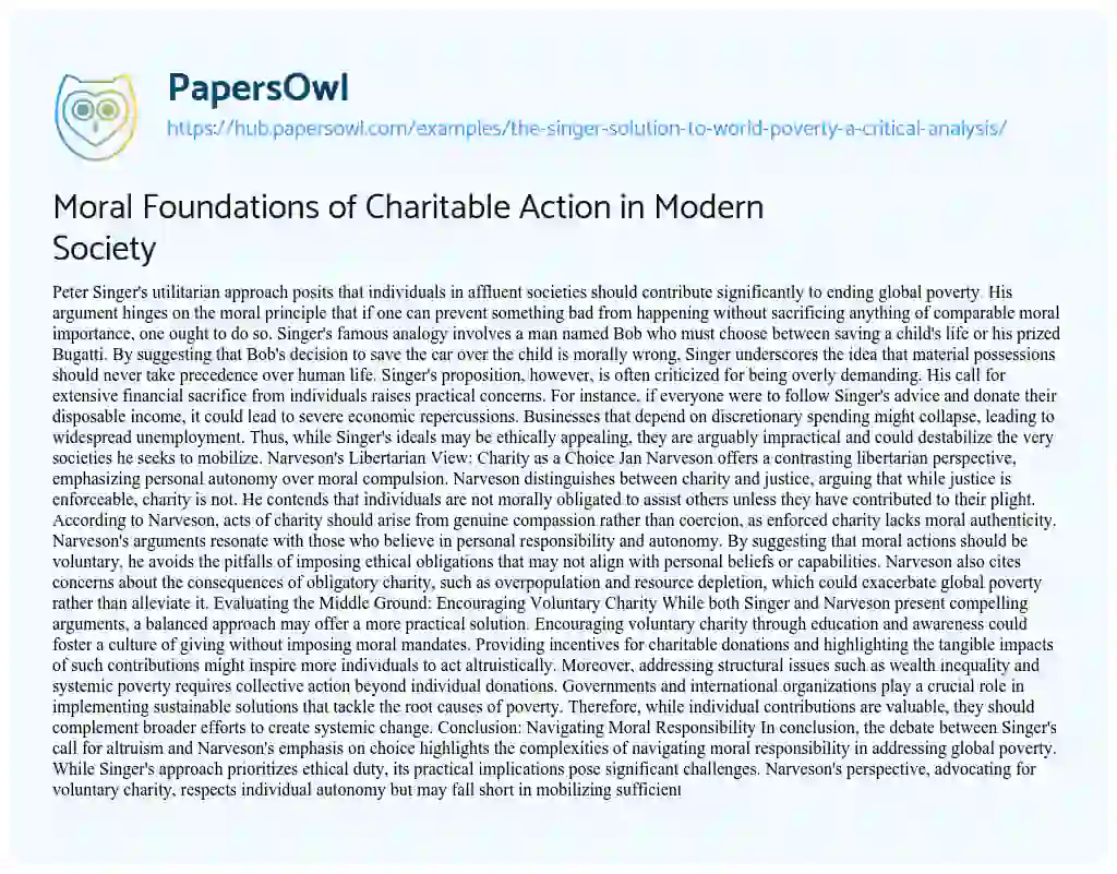 Essay on Moral Foundations of Charitable Action in Modern Society