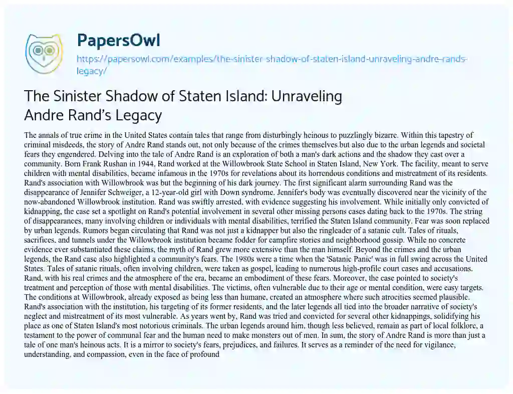 Essay on The Sinister Shadow of Staten Island: Unraveling Andre Rand’s Legacy