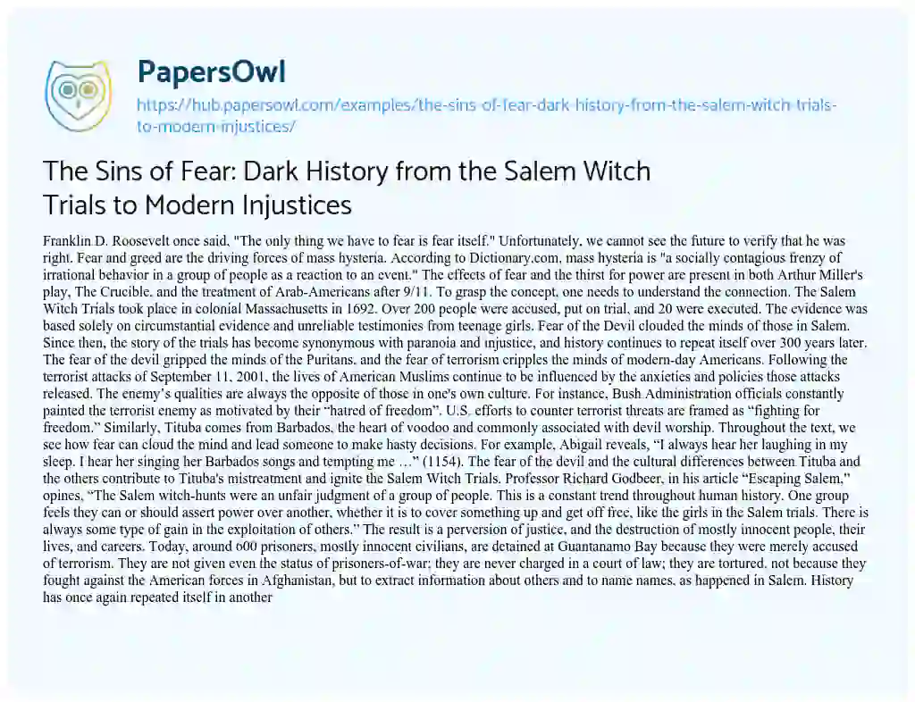 Essay on The Sins of Fear: Dark History from the Salem Witch Trials to Modern Injustices