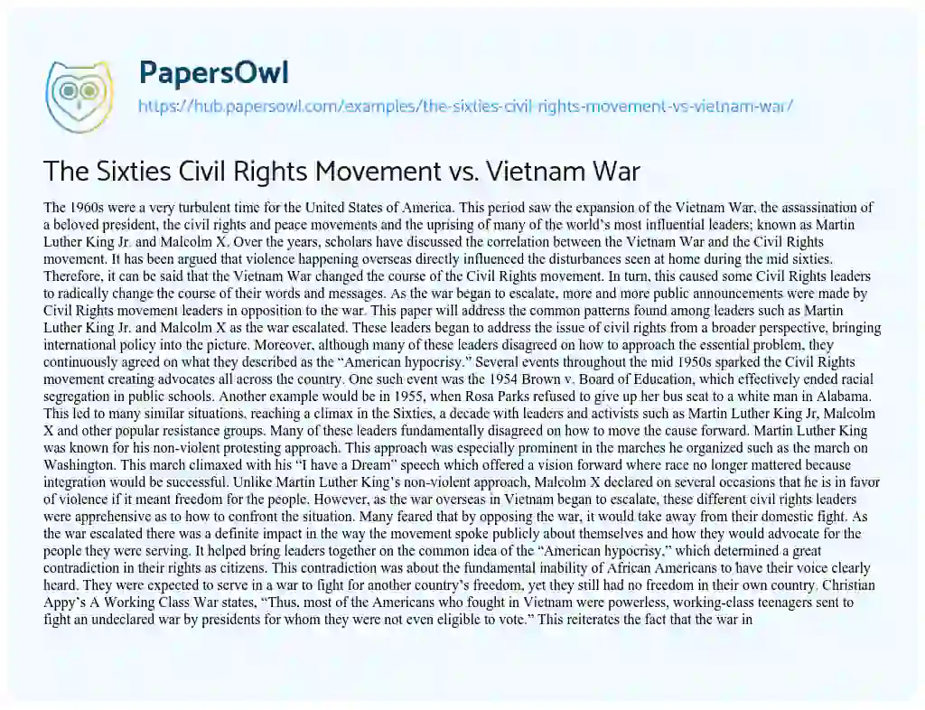 Essay on The Sixties Civil Rights Movement vs. Vietnam War
