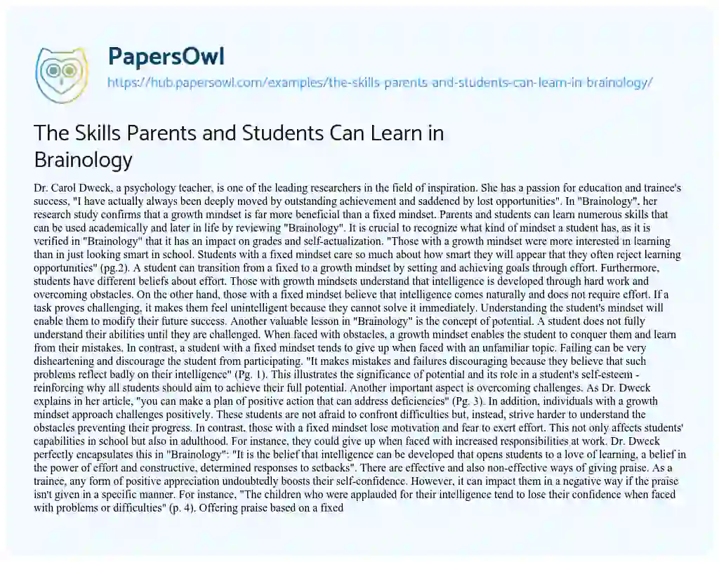 Essay on The Skills Parents and Students Can Learn in Brainology