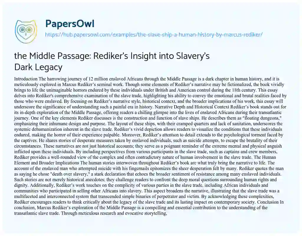 Essay on the Middle Passage: Rediker’s Insight into Slavery’s Dark Legacy