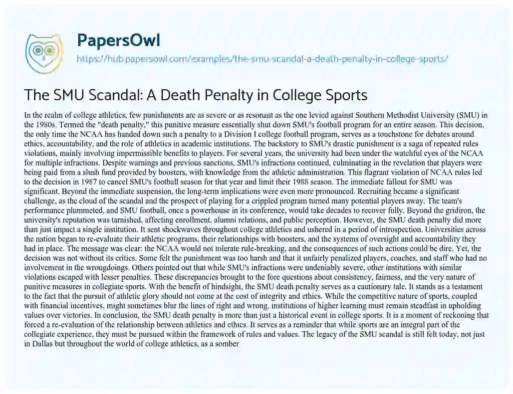 Essay on The SMU Scandal: A Death Penalty in College Sports