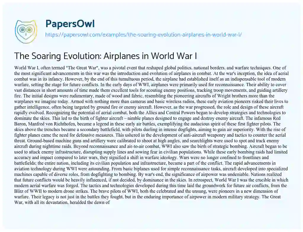 Essay on The Soaring Evolution: Airplanes in World War I