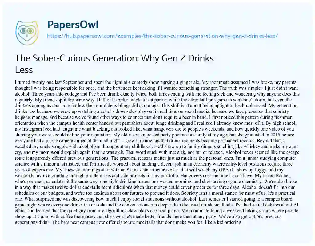 Essay on The Sober-Curious Generation: Why Gen Z Drinks Less