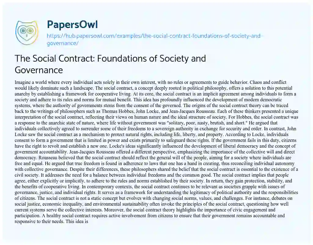 Essay on The Social Contract: Foundations of Society and Governance
