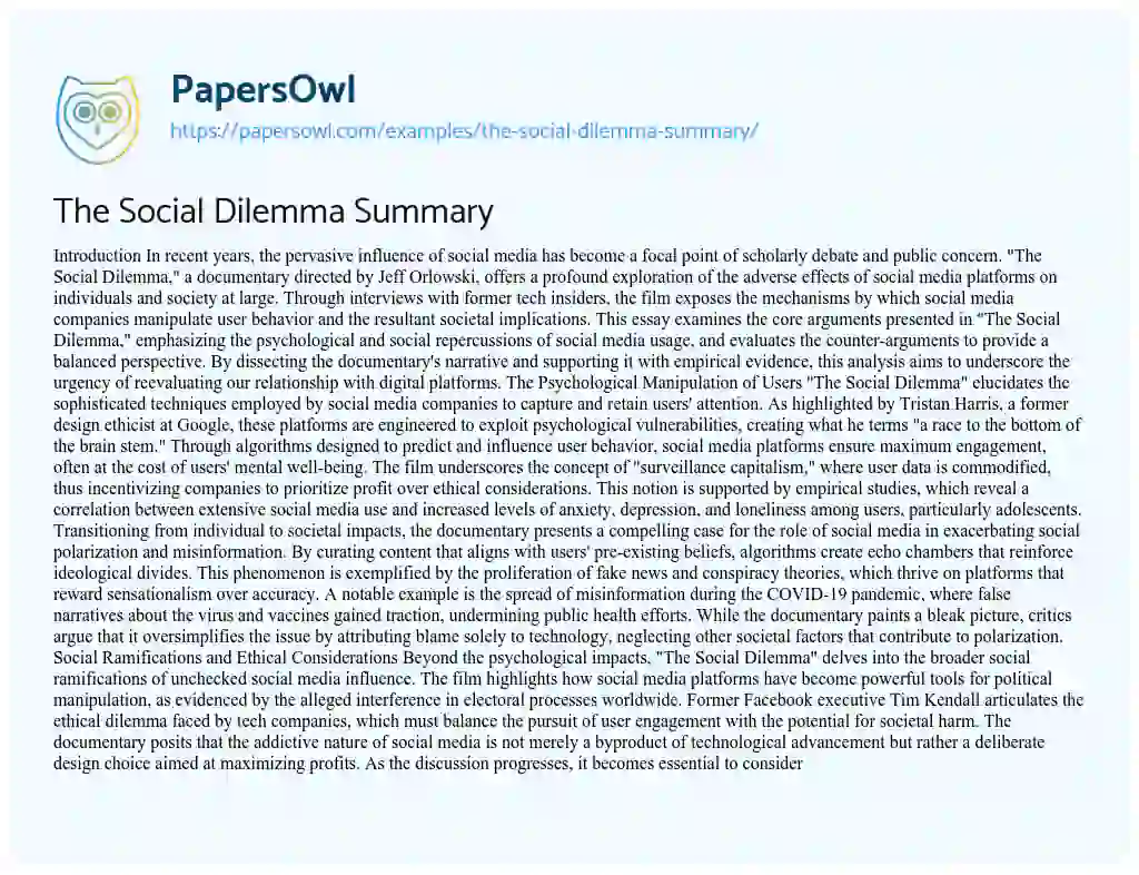 Essay on The Social Dilemma Summary