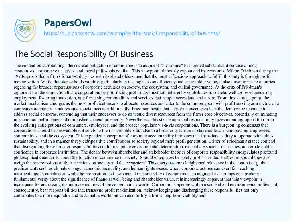 Essay on The Social Responsibility Of Business