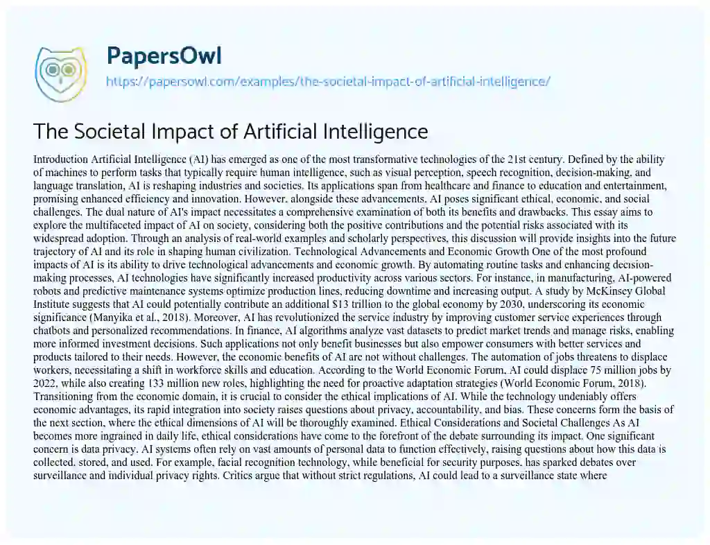 Essay on The Societal Impact of Artificial Intelligence