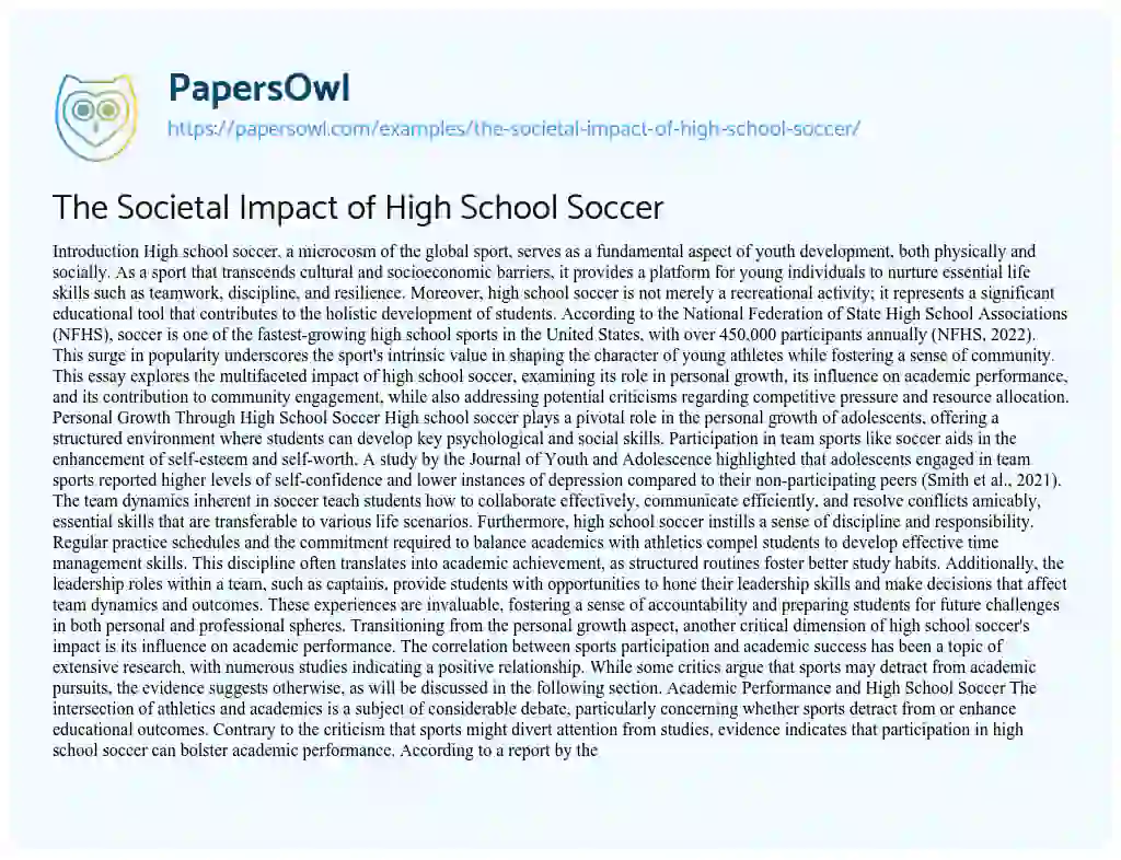 Essay on The Societal Impact of High School Soccer