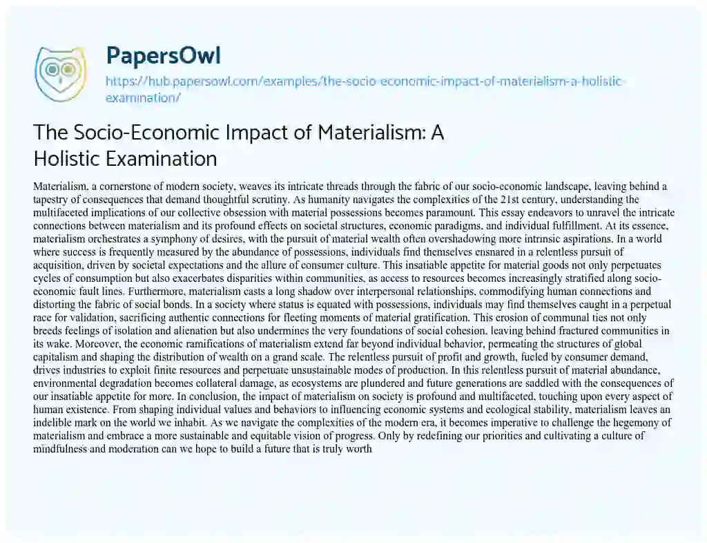 Essay on The Socio-Economic Impact of Materialism: A Holistic Examination