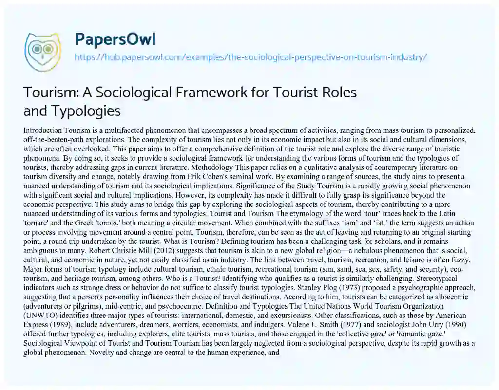 Essay on Tourism: A Sociological Framework for Tourist Roles and Typologies