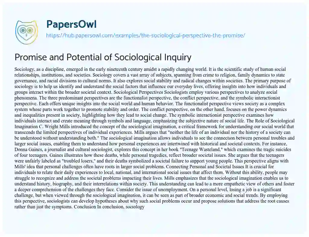 Essay on Promise and Potential of Sociological Inquiry