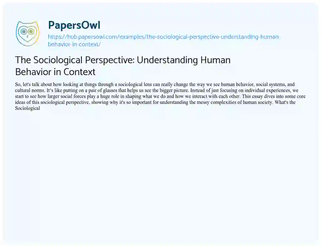 Essay on The Sociological Perspective: Understanding Human Behavior in Context