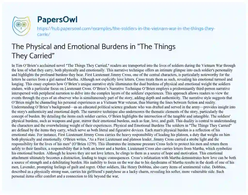 Essay on The Physical and Emotional Burdens in “The Things They Carried”