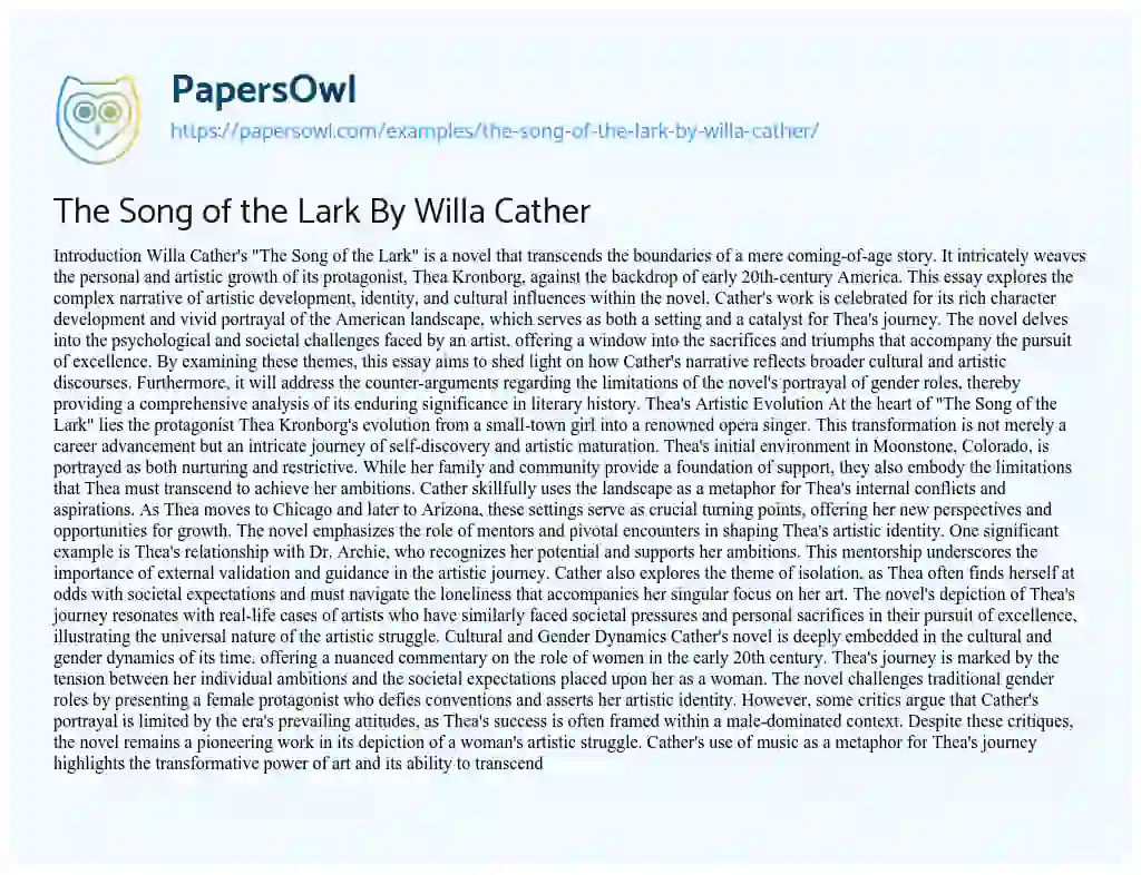 Essay on The Song of the Lark By Willa Cather