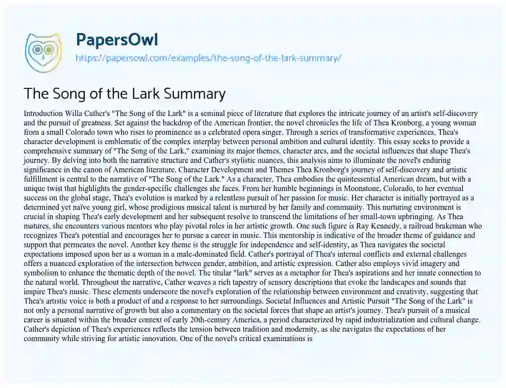 Essay on The Song of the Lark Summary