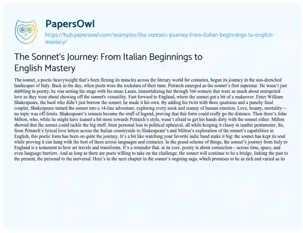 Essay on The Sonnet’s Journey: From Italian Beginnings to English Mastery