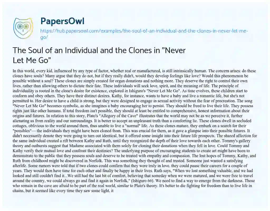 Essay on The Soul of an Individual and the Clones in “Never Let Me Go”