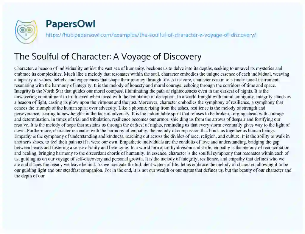 Essay on The Soulful of Character: A Voyage of Discovery