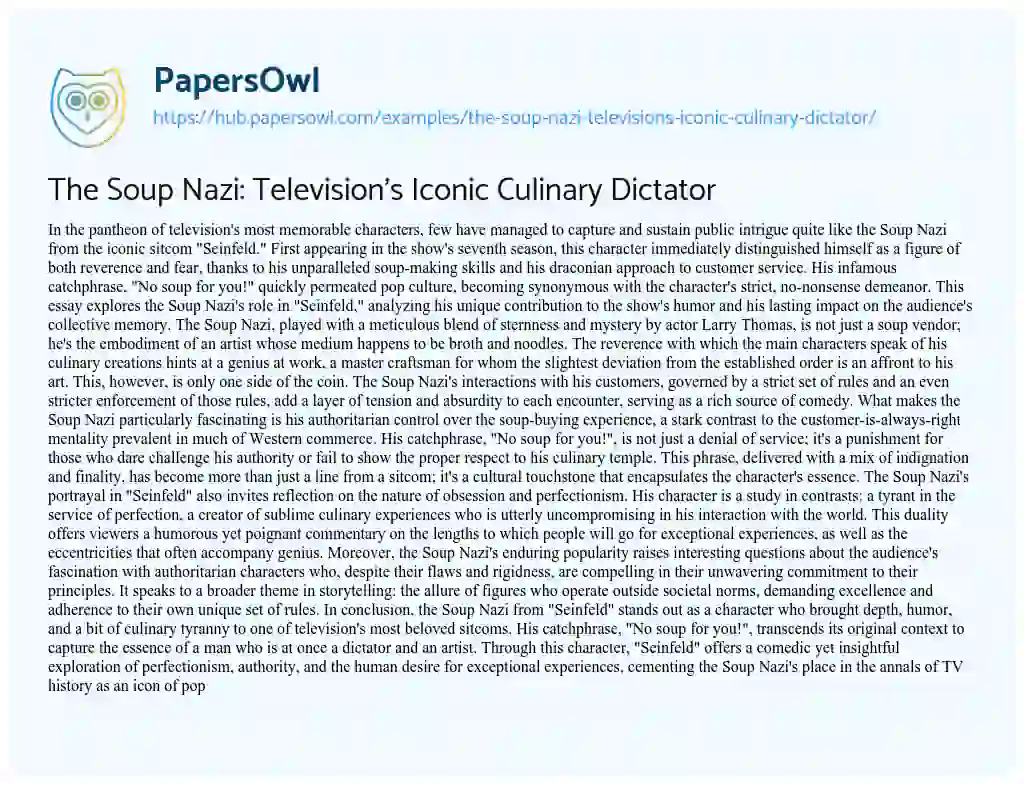 Essay on The Soup Nazi: Television’s Iconic Culinary Dictator