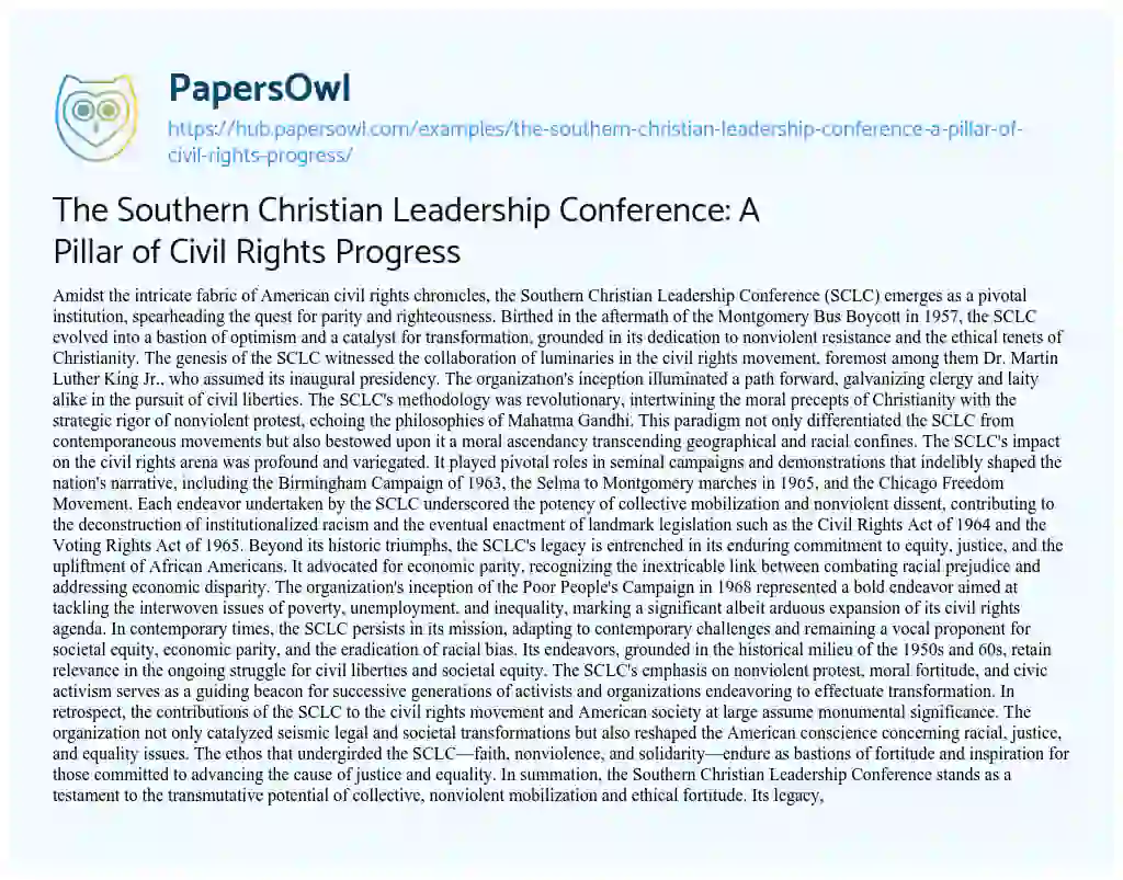 Essay on The Southern Christian Leadership Conference: A Pillar of Civil Rights Progress