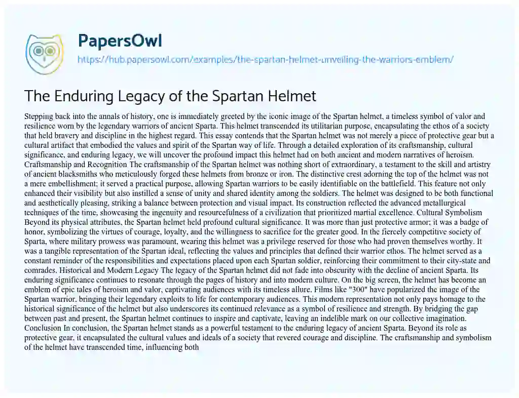 Essay on The Enduring Legacy of the Spartan Helmet